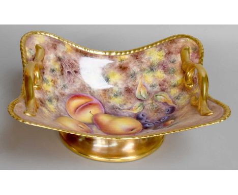 A Porcelain Basket, 1960s, by George Delaney, painted with pears and grapes in the Royal Worcester style, with gilt handles, 