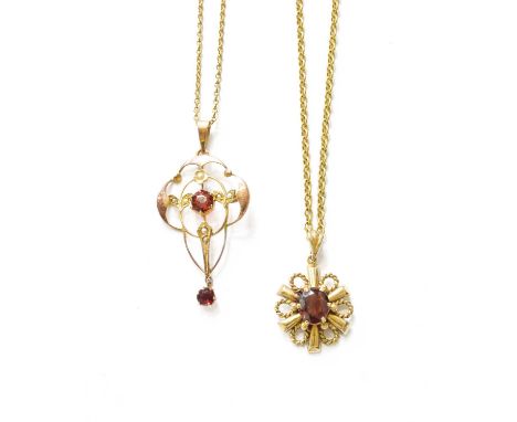 A 9 Carat Gold Garnet Pendant on Chain, pendant measures 3.0cm by 1.9cm, chain length 44.5cm; and A Garnet and Split Pearl Pe