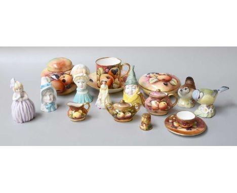 Four Royal Worcester Porcelain Candle Snuffers, "Mr Caudle", "Mrs Caudle", "Mob Cap" and "Hush", together with a Coalport min