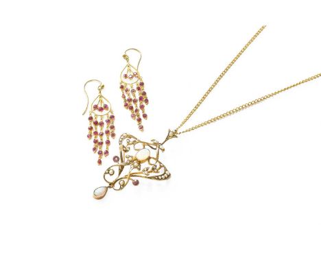 An Opal and Split Pearl Pendant on Chain, of scroll form, on a trace link chain, pendant length 5.0cm, chain length 56.5cm; a