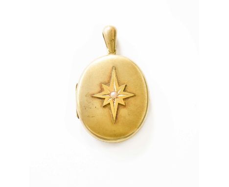 A Split Pearl Locket, the oval locket overlaid with a star motif, with a split pearl centrally, suspended from a plain polish