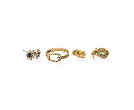 A 9 Carat Gold Diamond Ring, finger size L1/2; A Pair of Diamond Solitaire Earrings, stamped 'K18', with post fittings; A Pai
