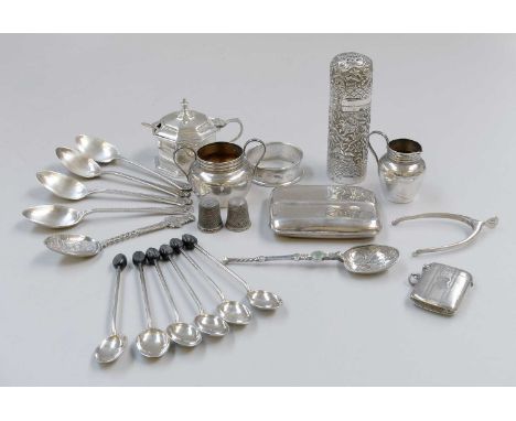 A Collection of Assorted Silver, including an Indian canister; a miniature toy cream-jug and sugar-bowl; a cigarette-case; a 