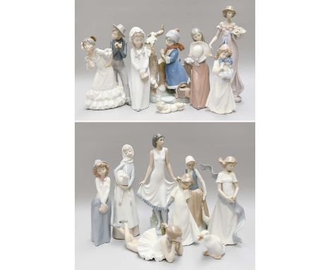 Two Trays of Assorted Lladro and Nao Porcelain Figures, including "Winter Frost" 5287 model, (two trays)