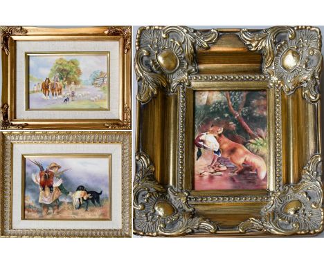 Ernest Roy Booth (formerly Royal Worcester) Three Gilt Framed Porcelain Plaques, "Shooting the Coverts", 14cm by 19cm, "Sheep