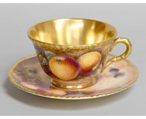 A Royal Worcester Porcelain Tea Cup and Saucer, 1970s, by James Skerrett, painted with apples, blackberries and grapes, with 