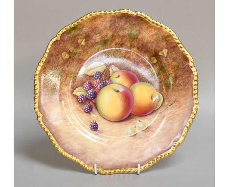 A Royal Worcester Porcelain Plate, 1960s, by John Reed, painted with apples and blackberries under a gilt gadrooned border, s