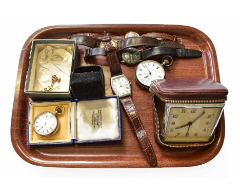 Two Lady's 9 Carat Gold Wristwatches, A Gents Art Deco Wristwatch, Silver Pocket Watch, Plated Waltham Fob Watch, Pair of Cuf