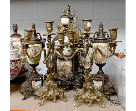 A Modern Gilt Metal and Porcelain-Mounted Striking Mantel Clock, Garniture, together with A Similar Gilt Metal Clock Garnitur