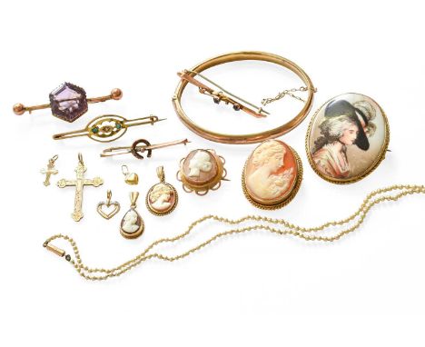 A Small Quantity of Jewellery, including a cameo brooch in a 9 carat gold frame, measures 3.4cm by 2.8cm; a cameo brooch, wit