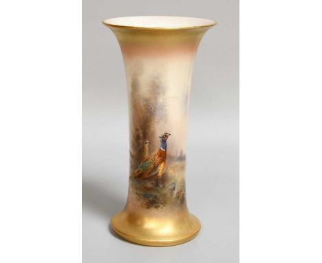 A Royal Worcester Porcelain Vase, 1928, by James Stinton, of trumpet form and painted with a vignette with cock and hen pheas