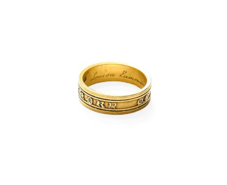 A 22 Carat Gold Enamel Mourning Ring, the outer shank reading In Memory Of, the inner shank engraved Louisa Eamonson Ob 10 No