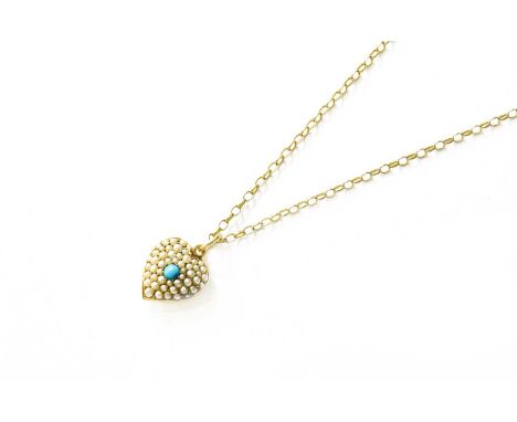 A Split Pearl and Turquoise Pendant on Chain, the heart motif with a round cabochon turquoise centrally within a border of sp