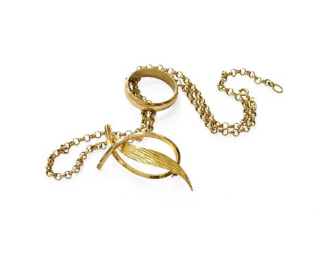 A 9 Carat Gold Brooch, of leaf and ribbon form, length 5.2cm; A 9 Carat Gold Band Ring, finger size Z+1; and A 9 Carat Gold C