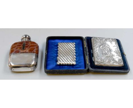 A Collection of Assorted Silver, including a silver and crocodile-mounted glass spirit-flask; a silver purse and a silver car