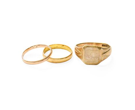 A 22 Carat Gold Band Ring, finger size J1/2; A 9 Carat Gold Signet Ring, out of shape; and Another Band Ring, unmarked, finge