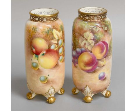 A Pair of Royal Worcester Porcelain Vases, circa 1960, painted with fruit, one signed D J Seyner, the other indistinct, print