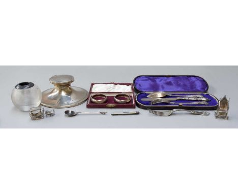 A Collection of Assorted Silver, including a model of the coronation throne; a capstan-inkwell; a silver-mounted ribbed glass