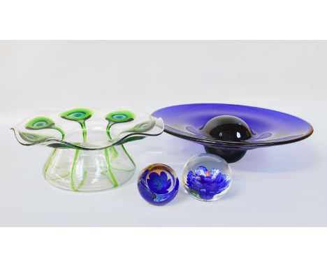 A Stuart of Stourbridge Art Nouveau Glass Bowl, with wide everted rim and trailed with peacock feathers, another studio glass