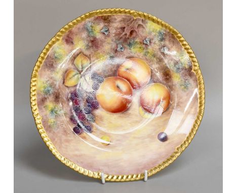 A Porcelain Plate, 1960s, by George Delaney, painted with apples and blackberries in the Royal Worcester style, under a gilt 