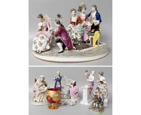 A German Porcelain Figure Group, early 20th century, five Courtiers, inscribed "Sic questo bacio arden le peyno di elern a fe