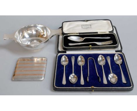 A Collection of Assorted Silver, comprising a quaich, of typical form, 18cm wide over handles; a parcel-gilt cigarette-case; 