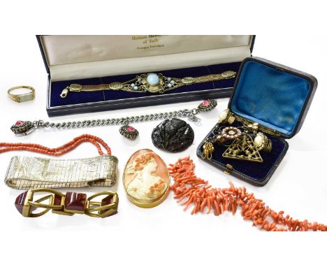 A Quantity of Jewellery, including a 9 carat gold ring, finger size Q; two coral necklaces; a jet brooch; a cameo brooch; bra