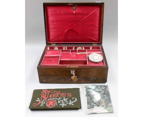 Early Victorian Inlaid Rosewood Workbox, with Accoutrements, together with a Mother of Pearl Powder Compact, Postcards, Edwar
