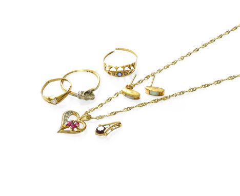 A Small Quantity of Jewellery, including a 9 carat gold synthetic ruby and diamond pendant on chain, pendant measures 1.8cm b