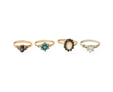 Four Gem-Set Rings, including a 9 carat gold turquoise cluster ring, finger size N; a white synthetic spinel ring, stamped '1