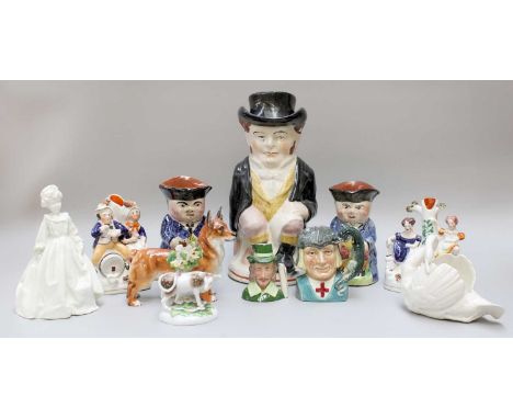 A Collection of Mixed Pottery and China Including: Staffordshire figures and character jugs, Royal Worcester, Royal Doulton, 