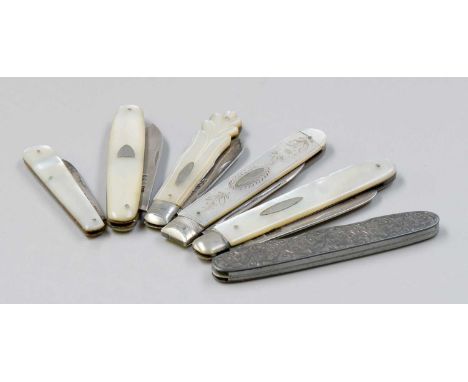 Six Various Silver or Silver-Mounted Mother-of-Pearl Folding Fruit-Knives, variously formed (6) 