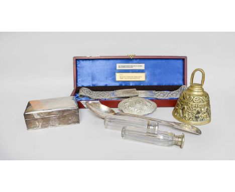 Silver, Metal and other Collectables, including, silver cigarette box, silver plated belt, a horn snuff mull, plated basting 