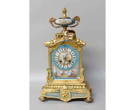 A French Gilt Metal and Porcelain Striking Mantel Clock, circa 1890Gilt surfaces are slightly discoloured in parts, top porce