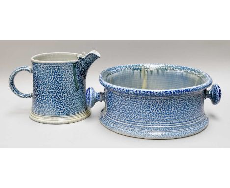 Steve Harrison (b.1967): A Salt Glazed Stoneware Jug, 16.5cm high, together with a twin handled basin, 33cm wide, both impres