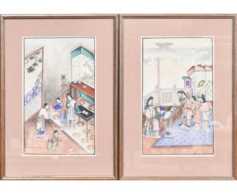 Chinese School, 19th Century, two pairs of pith paintings depicting figures in interiors; together with a European tapestry p