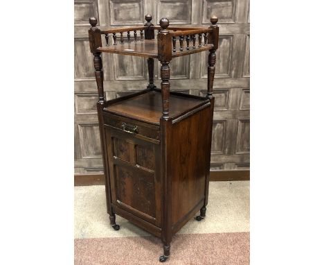 VICTORIAN ROSEWOOD PURDONIUM, the galleried top with open shelf below, fall front compartment beneath, on turned tapering leg