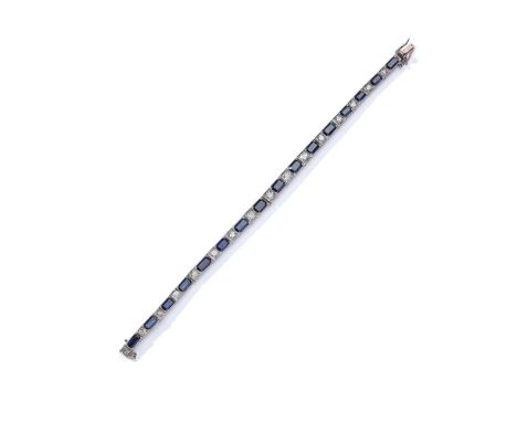 A sapphire and diamond bracelet Alternately-set with graduated brilliant and old brilliant-cut diamonds and cut-cornered step