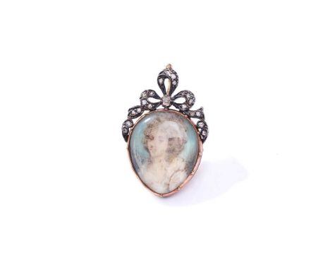 A mid-19th century diamond-set portrait miniature pendant/brooch The pear-shaped glazed locket containing a portrait of a lad