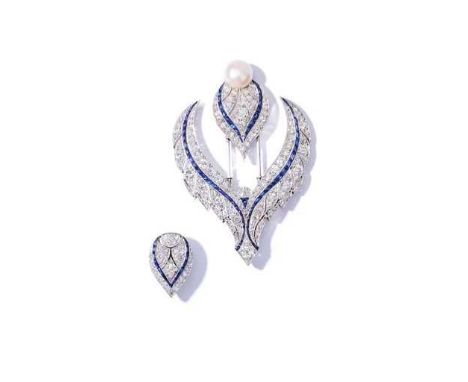 A mid 20th century sapphire and diamond double jabot pin The bouton-shaped cultured mabé pearl to a pierced teardrop-shaped p