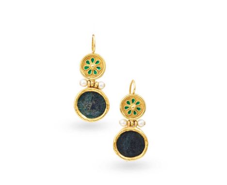 Massimo Maria Melis: A pair of coin and enamel earrings Each suspending an ancient coin in a hammered collet mount, to a disc