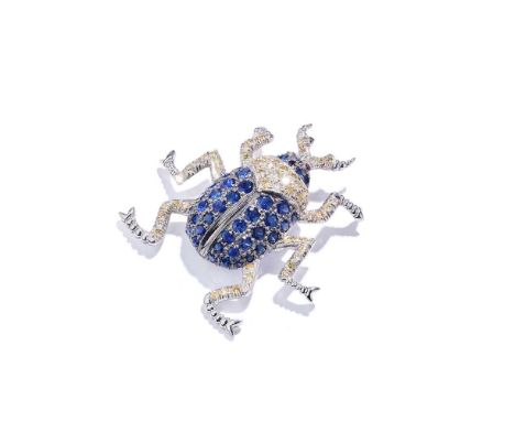 A sapphire and diamond novelty brooch Modelled as a beetle, pavé-set throughout with circular-cut sapphires and brilliant-cut