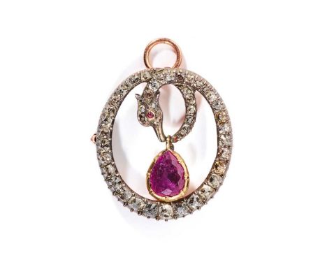 An early 19th century ruby and diamond brooch Designed as a circlet modelled as a coiled snake, set throughout with old mine 