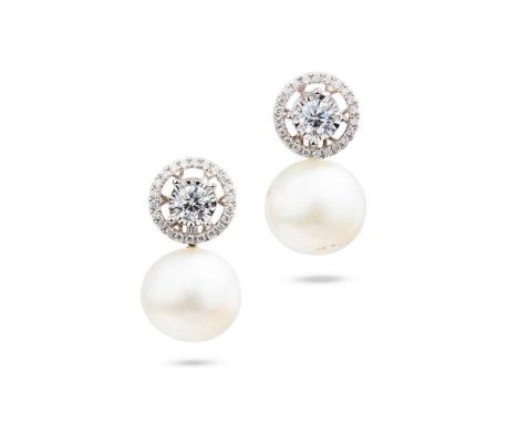 A pair of cultured pearl and diamond earrings Each brilliant-cut diamond in a four-claw mount, within a detachable similarly-