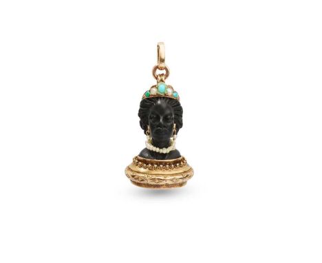 A 19th century gem-set Blackamoor seal Carved as a female bust with seed pearl earrings and necklace and split pearl and cabo