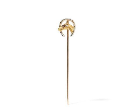 Paul Robin: A gem-set stickpin, circa 1900 Modelled as a horse's head within a horseshoe frame, accented with a brilliant-cut