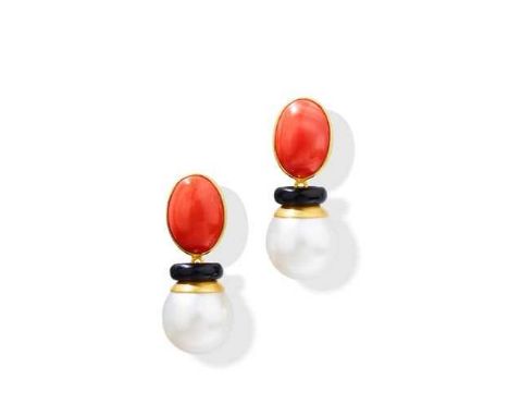 A pair of coral, onyx and cultured pearl earrings Each collet-set oval cabochon coral, suspending a 13.6mm cultured pearl wit