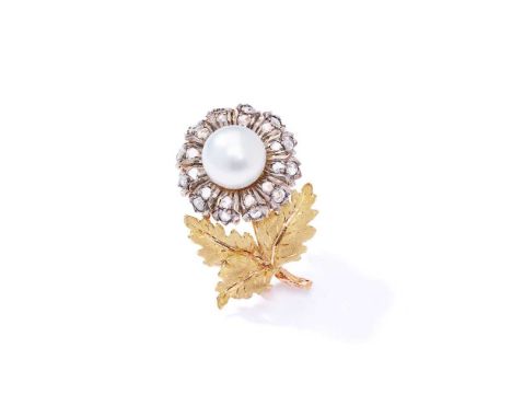 Buccellati: A cultured pearl and diamond brooch Modelled as a flower, the 10.4mm cultured pearl within a rose-cut diamond pet