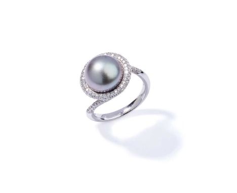 A cultured pearl and diamond ring The 11.7mm grey cultured pearl, within a pavé-set brilliant-cut diamond crossover mount Dim