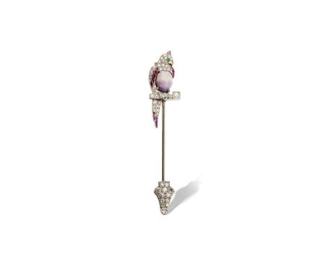 Cartier: An Art Deco gem-set jabot pin, circa 1920 Modelled as a parrot perched on a bar, set with a Quahog pearl body within